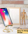 Gold Metal Phone Stand For Desk, Cute Desktop Holder For All Phones, iPhone, iPad, Hands Free Viewing, One Piece Design, No Assembly, Premium Electroplated Finish, Sturdy Desk Accessory with phone charging