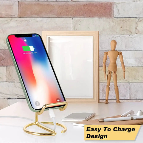 Gold Metal Phone Stand For Desk, Cute Desktop Holder For All Phones, iPhone, iPad, Hands Free Viewing, One Piece Design, No Assembly, Premium Electroplated Finish, Sturdy Desk Accessory with phone charging