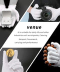 Multiscreen image of hands wearing Thickened White Cotton Gloves Set holding camera, jewelry, coin, beads in various activities.