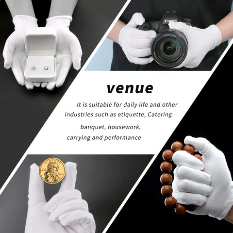 Multiscreen image of hands wearing Thickened White Cotton Gloves Set holding camera, jewelry, coin, beads in various activities.