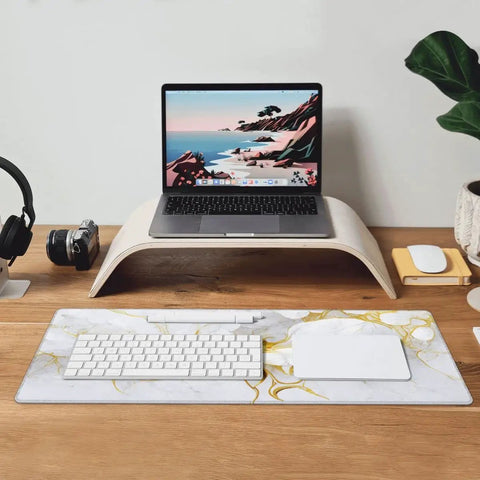 Boss Size Desk Pad For Gaming And Work 31.5 By 11.8 Inches Waterproof Thick Desk Mat White Gold Marble Flower with keyboard setup