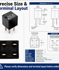 Ford Oil Pump Starting Relay 12V DC 20A, 4 Pins, Replacement Pack of 2 for 5L3T-AA, Compatible With Ford Vehicles, High Quality Automotive Relay for Reliable Engine Start and Long Lasting Performance. black 4-pin relay with dimension and terminal layout diagram