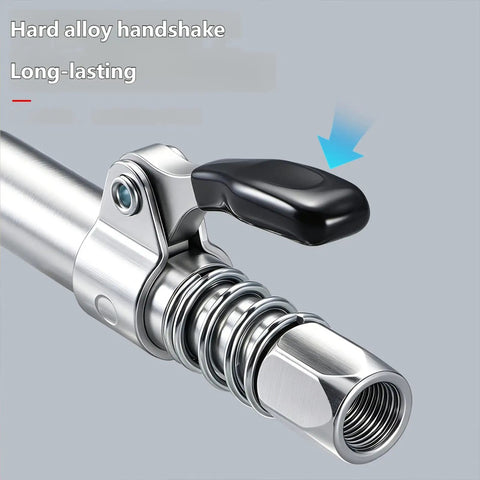 Close-up of spring loaded grease coupler with aluminum alloy body locking design for fittings and maintenance tool.