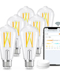 Tunable WiFi Edison Bulbs With Remote Control, 2700K To 6500K Dimmable White Light, 8W 60W Equivalent, Vintage ST19 Style, 800 Lumen, Alexa And Google Home Compatible, 6 Pack shown with smartphone app control