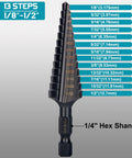 M35 Cobalt Step Drill Bit Set One Eighth Inch To One Half Inch With Thirteen Steps One Quarter Inch Hex Shank Heavy Duty