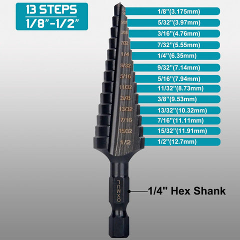 M35 Cobalt Step Drill Bit Set One Eighth Inch To One Half Inch With Thirteen Steps One Quarter Inch Hex Shank Heavy Duty