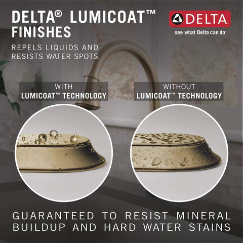 Comparison of shower fixture with Lumicoat finish versus without, highlighting resistance to mineral buildup and water stains.