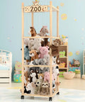 56 Inch Tall Wooden Stuffed Animal Storage Tower With Wheels in playroom, filled with plush toys, elastic band, mesh bottom, zoo theme