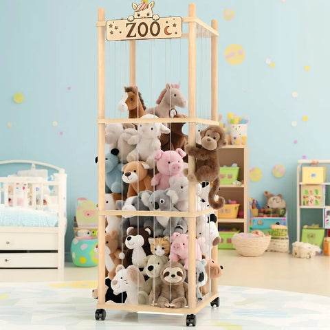 56 Inch Tall Wooden Stuffed Animal Storage Tower With Wheels in playroom, filled with plush toys, elastic band, mesh bottom, zoo theme