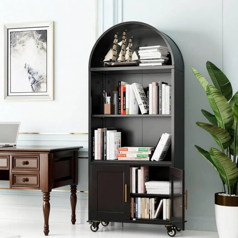 72 Inch Metal Arched Bookcase With Doors And Wheels Industrial Black Tall Storage Cabinet in living room setting