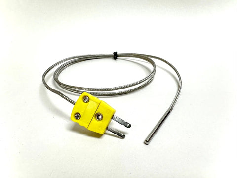 Thermocouple probe with yellow plug and metal braided wire for temperature measurement on Acoustic Guitar Side Bending Machine For DIY Builders Tool Free Adjustments And Quick Setup Made In USA With A Strong Aluminum Cantilever Press For Easy Shape Shifting Of Models.