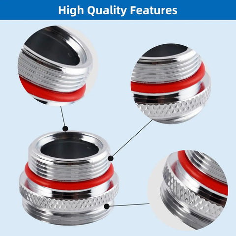 Close-up of threaded fittings in 18 Piece Brass Faucet Adapter Kit With Aerators For Sink To Garden Hose And Shower Hose