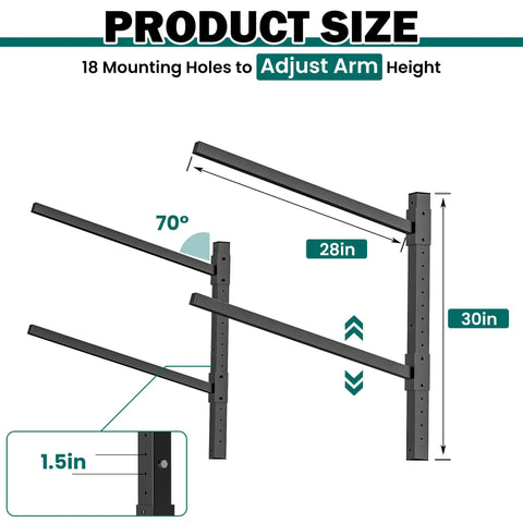 Heavy Duty Wall Mounted Kayak Storage Rack Featuring Adjustable Pads For Two Boats Rock Solid Steel Frame dimensions with adjustable arm height.