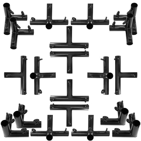 Corner Kit For 55Ft Baseball Batting Cage Frame Fits One Inch EMT Or One And Three Eighths Inch Galvanized Pipe OD Not ID Includes Clamping Screws That Double As Net Hooks For Quick Secure Net Support No Fuss Install, featuring metal connectors.