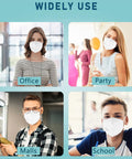 People wearing KN95 Face Masks 50 Pack Individually Wrapped White 5 Layer Protection Cup Style For Adults Men Women in various settings