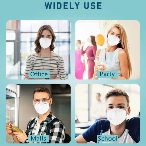 People wearing KN95 Face Masks 50 Pack Individually Wrapped White 5 Layer Protection Cup Style For Adults Men Women in various settings