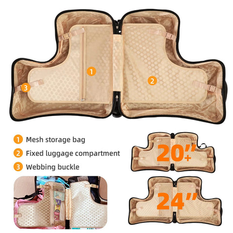 Open beige kids ride-on luggage with wheels; shows mesh storage bag, fixed compartment, and webbing buckles; 20in and 24in.