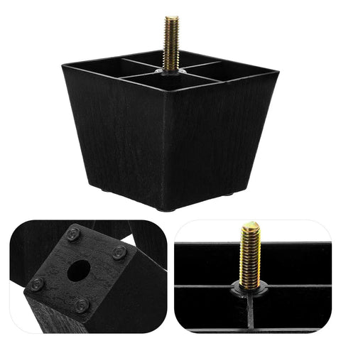 Close-up of Eight Piece Square Sofa Foot Supports with Threaded Adjustable Feet for Chairs Cabinets and Shelves Plastic and Metal