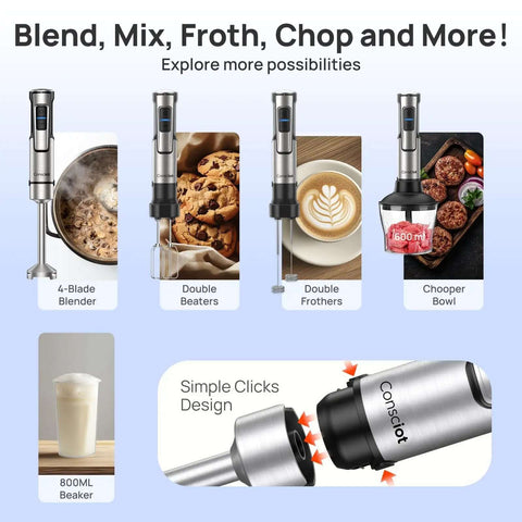 Handheld Immersion Blender With Robust 1100 Watt Motor And 21 Speed Settings Plus Turbo Mode Crushes Soups And Smoothies While Being The Real Deal Kitchen Workhorse That Delivers Results displayed with various attachments for blending, frothing, and chopping.