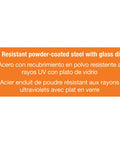 Text stating UV Resistant powder-coated steel with glass dish in English, Spanish, and French on orange background.