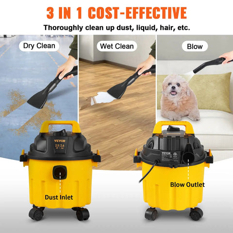 Beast Power 2.5 Peak HP Wet Dry Shop Vacuum with 2.6 Gallon Dust Cup, showcasing 3-in-1 function for dry, wet clean, and blow use.