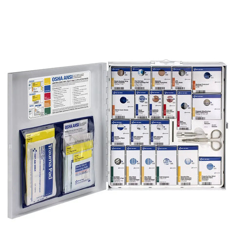 ANSI A 2021 OSHA Compliant First Aid Kit For Restaurants And Food Service Venues With 50 Plus Person Capacity In A Heavy Duty Metal Cabinet Featuring SmartTab System
