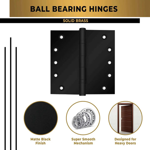 Heavy Duty Ball Bearing Door Hinges 5 By 5 Inch Matte Black Set features a solid brass hinge with matte black finish and installed door example.