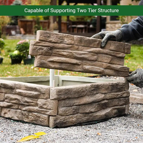 Raised Garden Bed Kit With Ledgestone Panels That Snap Together In 8 By 24 Inch Natural Look Stone Pattern Durable Polyurethane 6 Pack for Custom Shaped Garden Beds and Easy Landscaping, showing stackable design