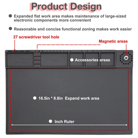 Pro Grade Silicone Soldering Mat With 932 Fahrenheit Heat Resistance, Expanding Repair Area And Magnetic Work Zone layout