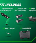 Cordless Screwdriver Kit 3.6V With Dual Position Handle, 2X 1.5Ah Batteries, Quick Charger, LED Light, and Accessories
