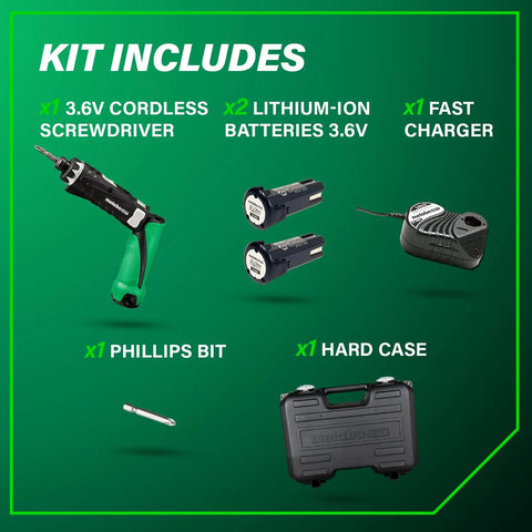 Cordless Screwdriver Kit 3.6V With Dual Position Handle, 2X 1.5Ah Batteries, Quick Charger, LED Light, and Accessories