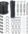 170Ft String Light Hanging Kit With Heavy Duty 304 Stainless Steel Cable And Vinyl Coated Wire Rope, Turnbuckles, Hooks, Clamps