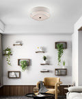 Four Light Semi Flush Mount Ceiling Fixture In English Bronze With Oatmeal Fabric Hardback Drum Shade And Satin White Diffuser