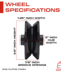 Side view of 3.5 Inch V Groove Wheel Inverted V Shape with specifications for sliding gates, black steel, zinc plated, 1.25 inch width.