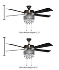 Drop Dead Gorgeous 52 Inch Crystal Chandelier Ceiling Fan With Integrated LED Lights And Smooth Airflow Featuring Satin Nickel Finish Plus K9 Hanging Crystals  showing flush mount and short rod heights.