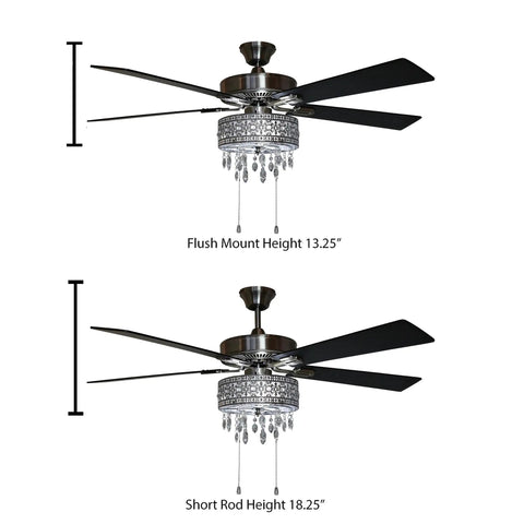 Drop Dead Gorgeous 52 Inch Crystal Chandelier Ceiling Fan With Integrated LED Lights And Smooth Airflow Featuring Satin Nickel Finish Plus K9 Hanging Crystals  showing flush mount and short rod heights.
