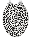 Elongated Resin Toilet Seat for Bathroom with black and white spotted design, suitable for most toilets.