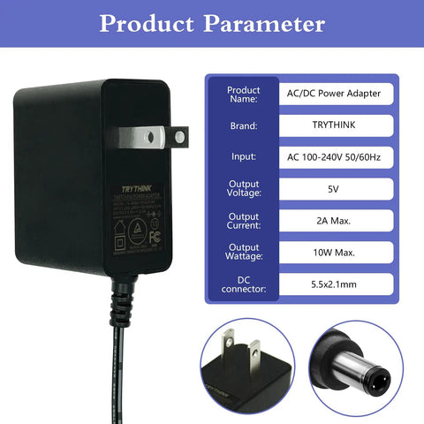 5V 2A DC Power Adapter With 9 Interchangeable Jacks 5.5x2.1mm 100-240V AC Input To 5V DC Output 10W cable for USB hub and devices