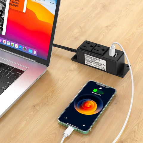 Mountable Power Strip With USB Ports And 2 AC Outlets, 6.56Ft Extension Cord, under-desk setup with laptop and smartphone charging