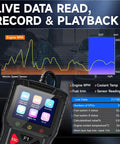 2-In-1 OBD2 Scanner For Cars And Motorcycles With Live Data displaying engine RPM and diagnostic results on screen