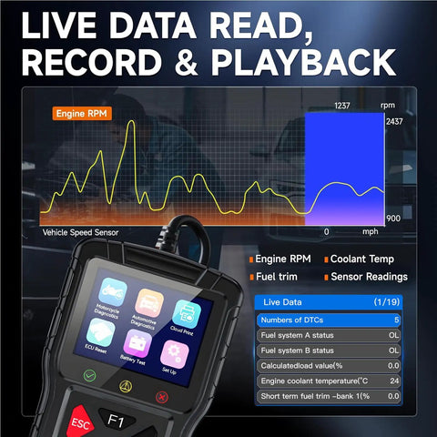 2-In-1 OBD2 Scanner For Cars And Motorcycles With Live Data displaying engine RPM and diagnostic results on screen