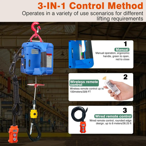 Dremvoist 3 In 1 Electric Hoist Winch features manual, wireless, and wired control options for versatile operation.