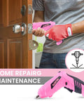 Person using pink cordless drill from Pink Tool Set For Women 136 Piece Home DIY Kit on door handle for maintenance