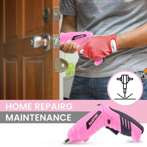 Person using pink cordless drill from Pink Tool Set For Women 136 Piece Home DIY Kit on door handle for maintenance