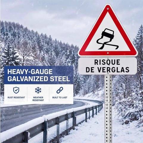 Pro Grade Galvanized Square Sign Posts Built Like A Tank For Any Job Featuring 2 Inch Width And 7 16 Inch Pre Drilled Holes in snowy setting.
