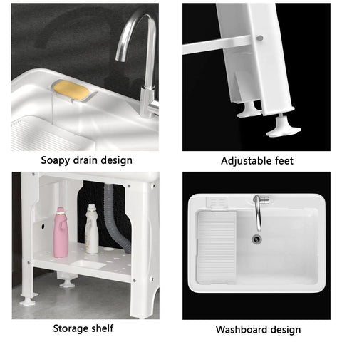 Freestanding Plastic Laundry Sink With Detachable Washboard And Hot And Cold Faucet Hoses And Drain Kit features and design