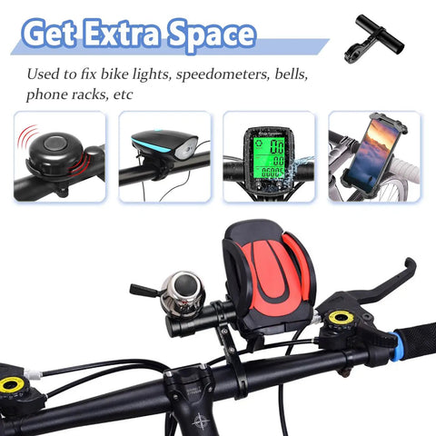 Heavy Duty Aluminum Bike Handlebar Extender Mount for GPS Speedometer and LED Light on bicycle with phone and bell attached