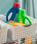 Large Ultra Storage Baskets Pack Of 6 For Closet, Cabinet, And Pantry Organization, white bins with contoured handles holding detergent