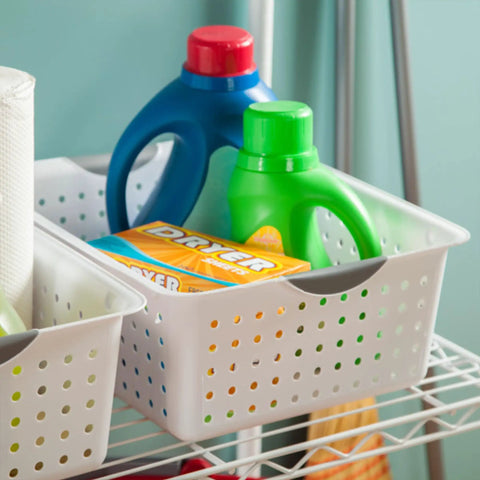 Large Ultra Storage Baskets Pack Of 6 For Closet, Cabinet, And Pantry Organization, white bins with contoured handles holding detergent