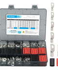 Heavy Duty Copper Ring Terminals Kit for Battery Cables 160 Pcs in 10 Sizes AWG 2 4 6 8 10 12 Tinned Marine Grade Wire Lugs Open End Terminals with 3 to 1 Heat Shrink Tubing Assortment with organized case and components visible.